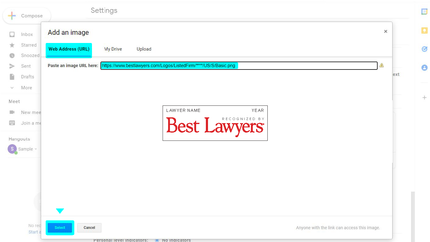 Image demonstrating where to find the Link icon to make the logo a hyperlink in Google Mail