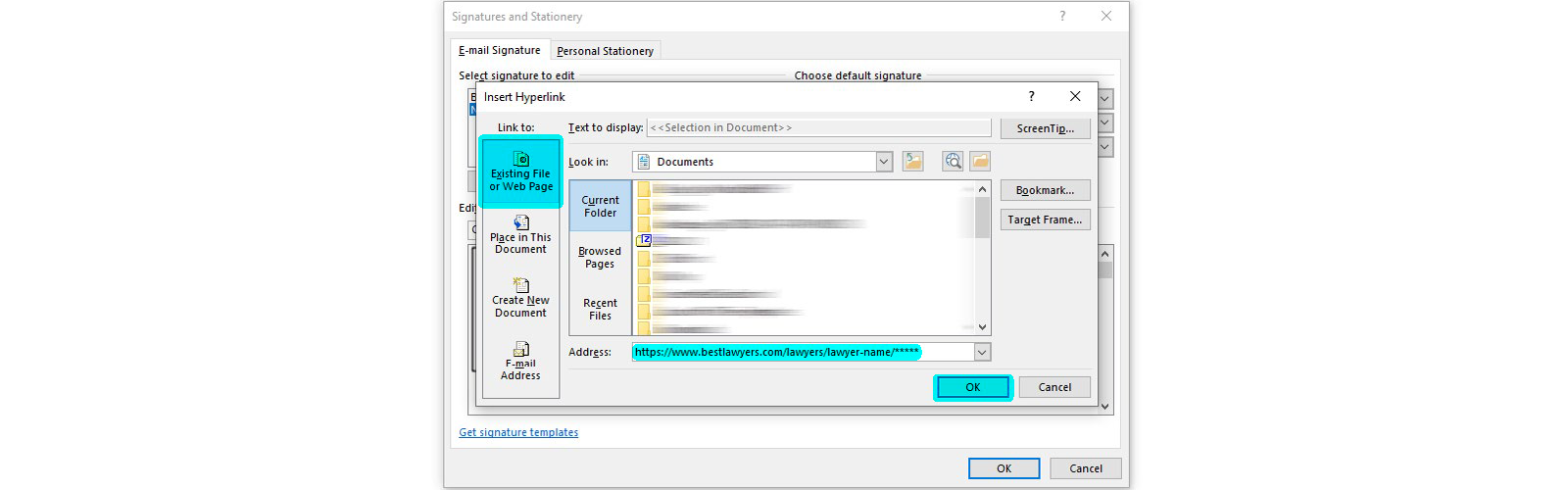 Image demonstrating how to add a profile link to the logo image in Outlook