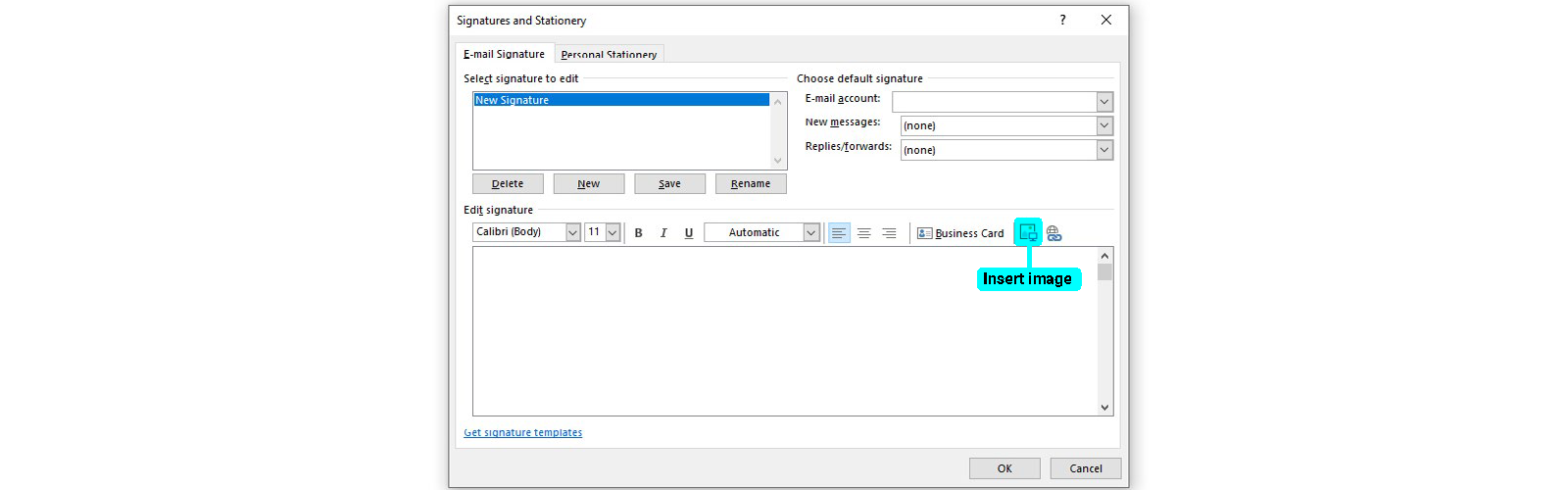 Image showing where the Insert Picture icon is located in Outlook